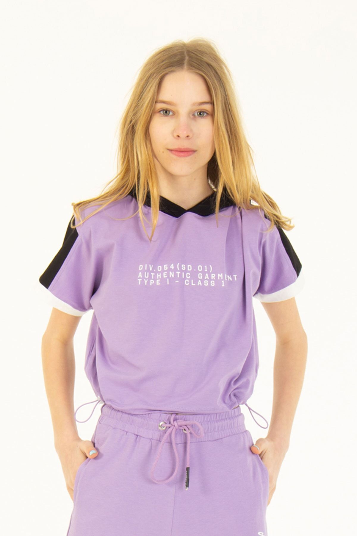 Enisena Mor Kız Çocuk Kapüşonlu Beli Ayarlanabilir Baskılı T-shirt Hn5