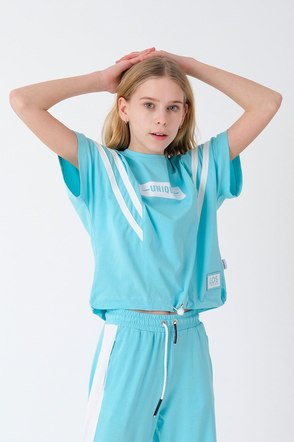 Enisena Turkuaz Kız Çocuk Beli Ayarlanabilir Garnili T-shirt Hn10