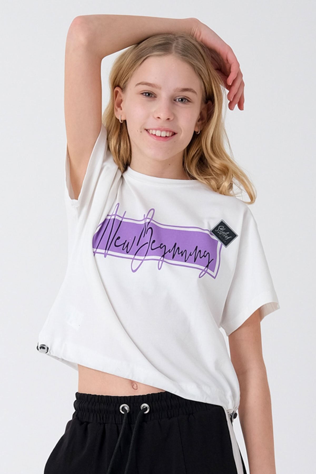 Enisena Beyaz Kız Çocuk Beli Ayarlanabilir Baskılı T-shirt Hn2
