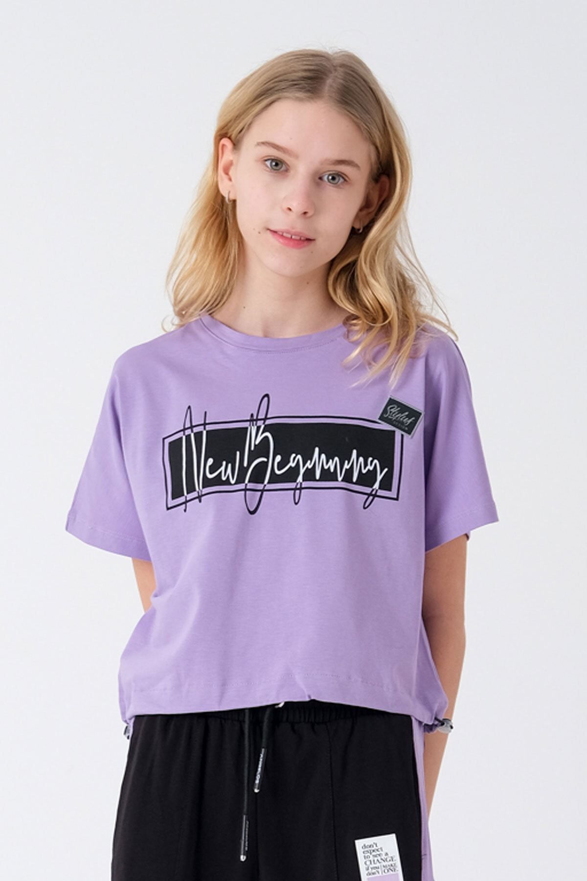 Enisena Mor Kız Çocuk Beli Ayarlanabilir Baskılı T-shirt Hn2
