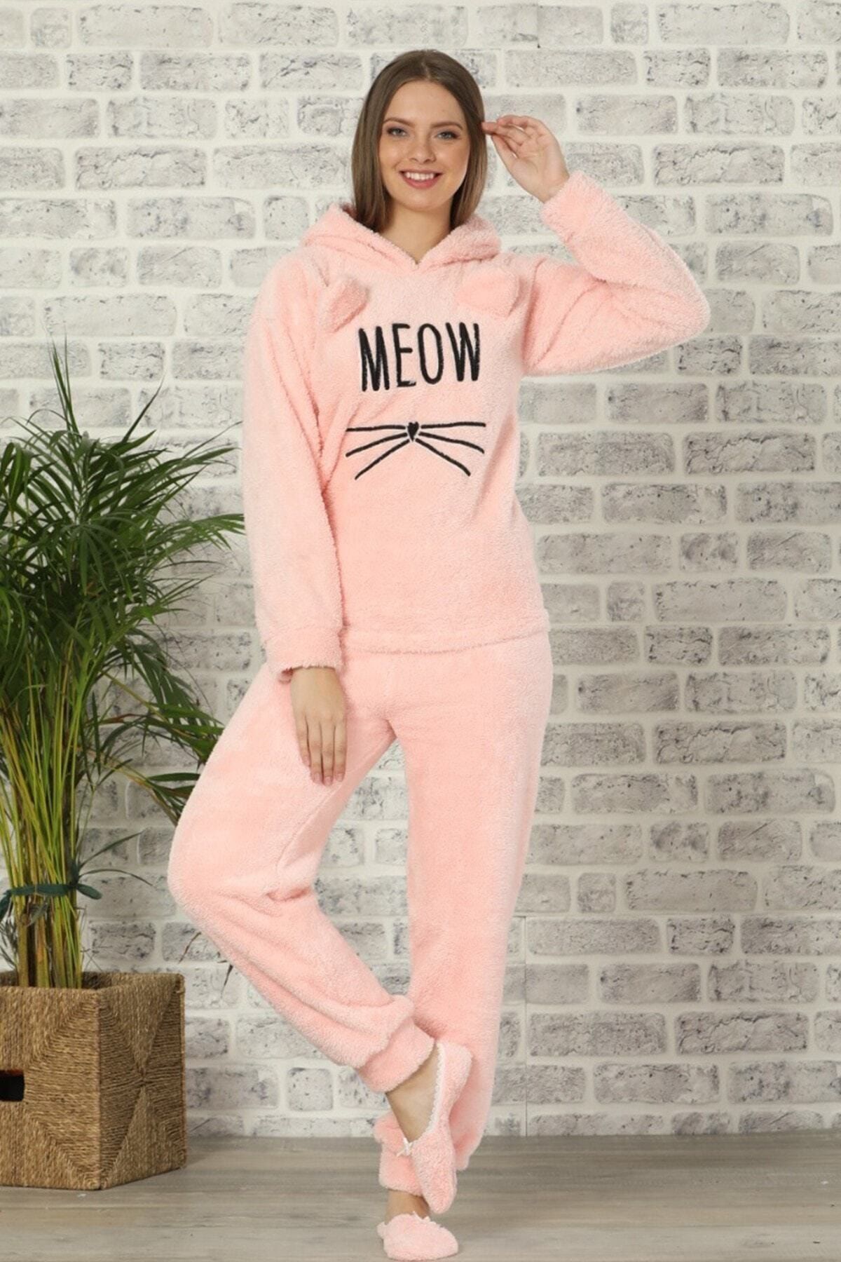 Pijamoni Kadın Pembe Tam Peluş Kulaklı Lastikli Patikli Meow Desenli Pijama Takımı