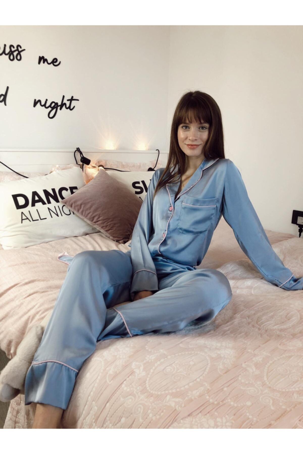 Serbella Kadın Indigo Saten Uzun Kollu Pijama Takımı