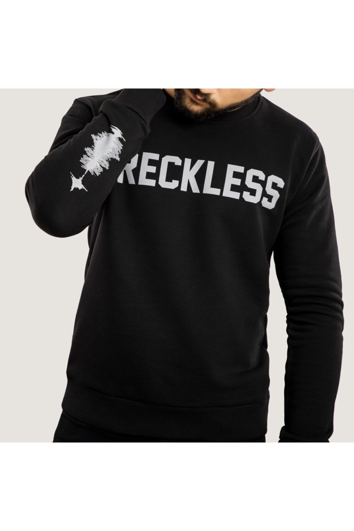 WELLHS Erkek Siyah Reckless Baskılı Sweatshirt