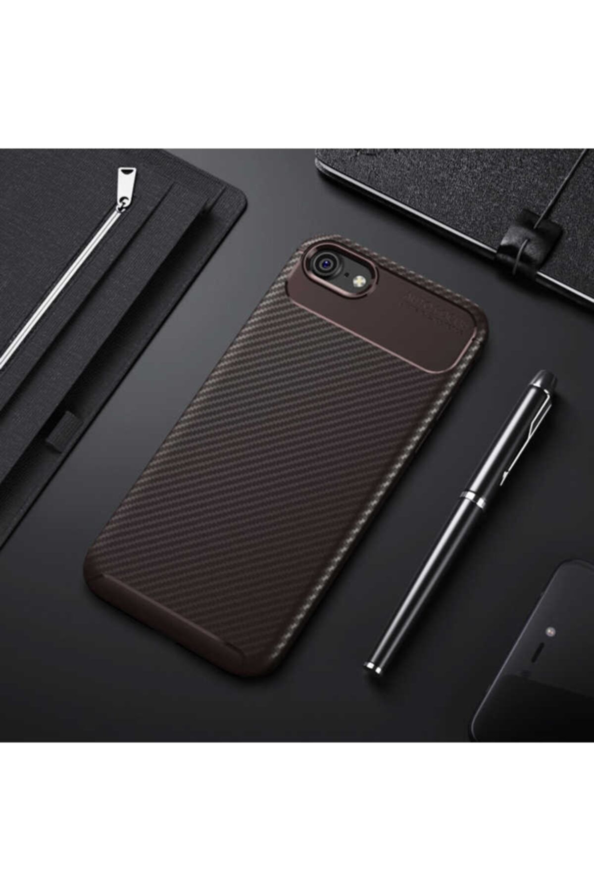Nezih Case Apple Iphone 8 Kamera Korumalı (carbon Tasarım) Silikon Kılıf Kahverengi