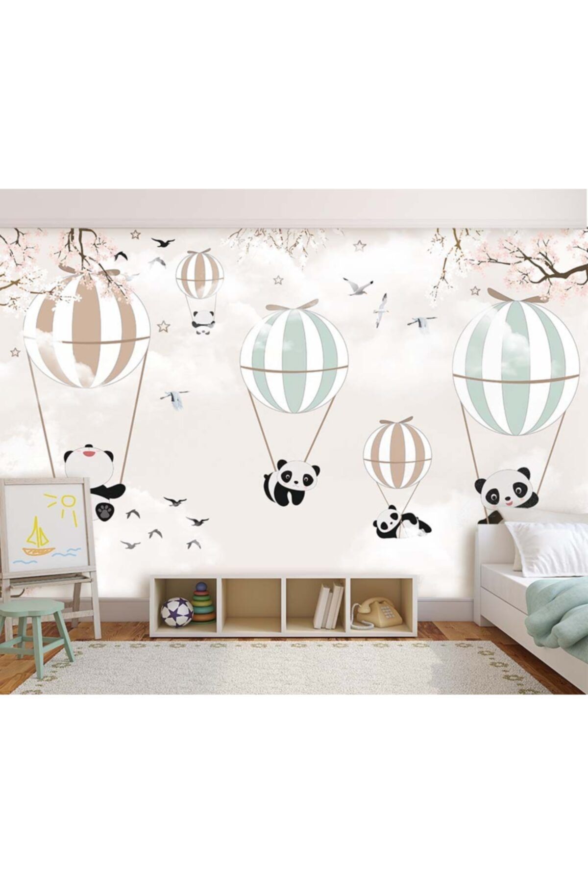 Özen Duvar Kağıtları Uçan Balonlar Ve Sevimli Pandalar Duvar Kağıdı