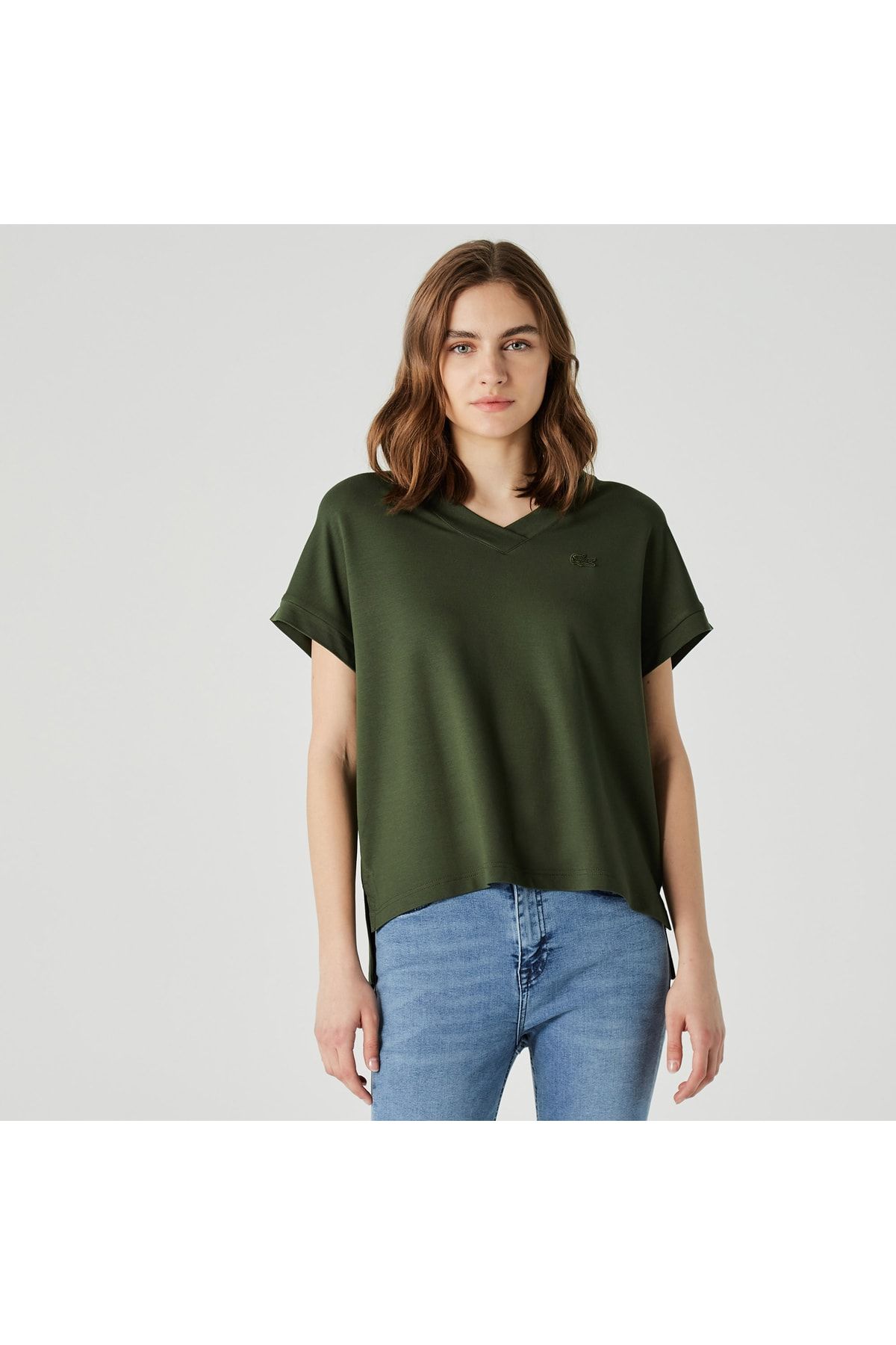Lacoste Kadın Relaxed Fit V Yaka Koyu Yeşil T-Shirt TF0208