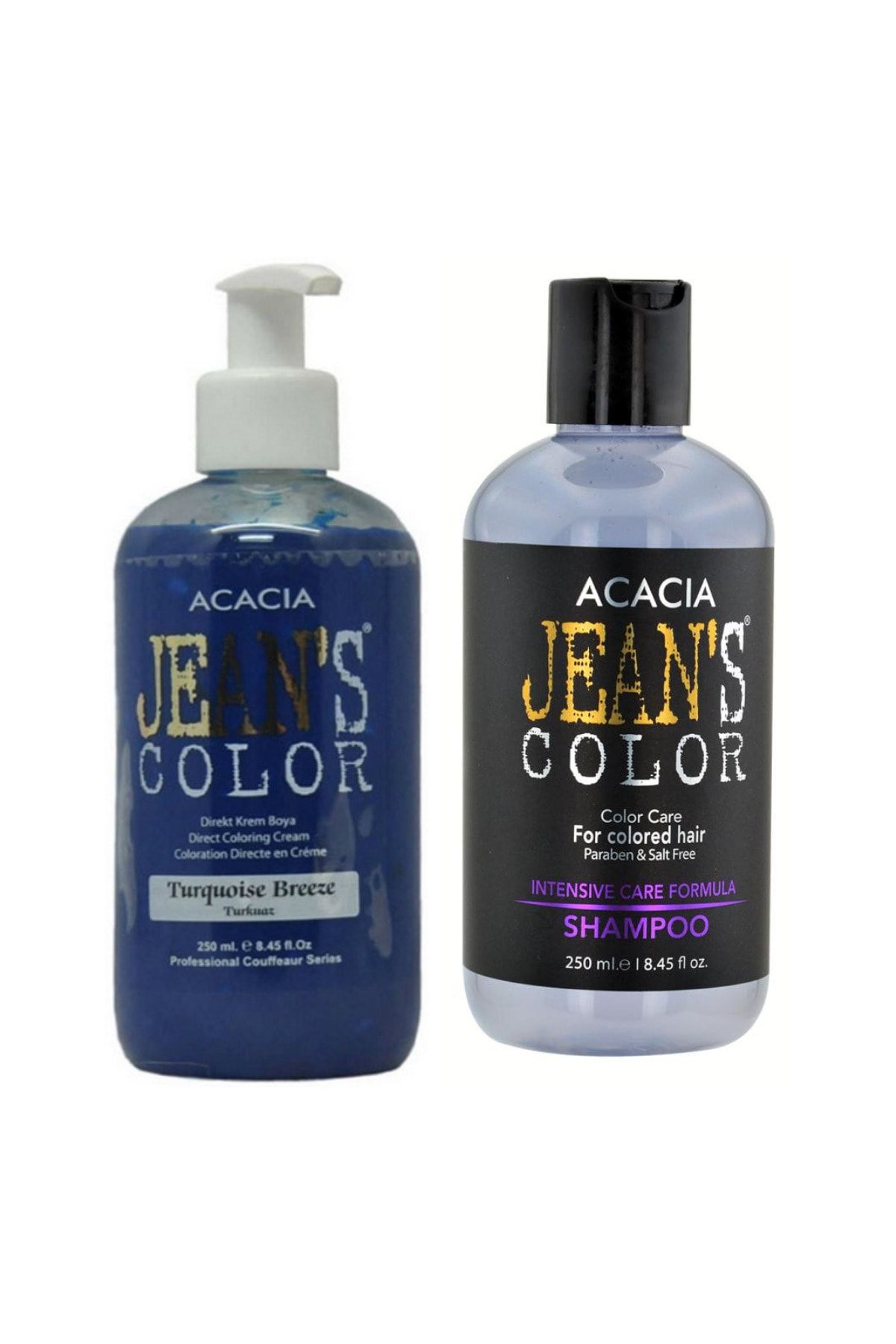 Acacia Jeans Color Boya Koruyucu Şampuan 250 Ml Ve Renkli Saç Boyası Turkuaz 250 Ml
