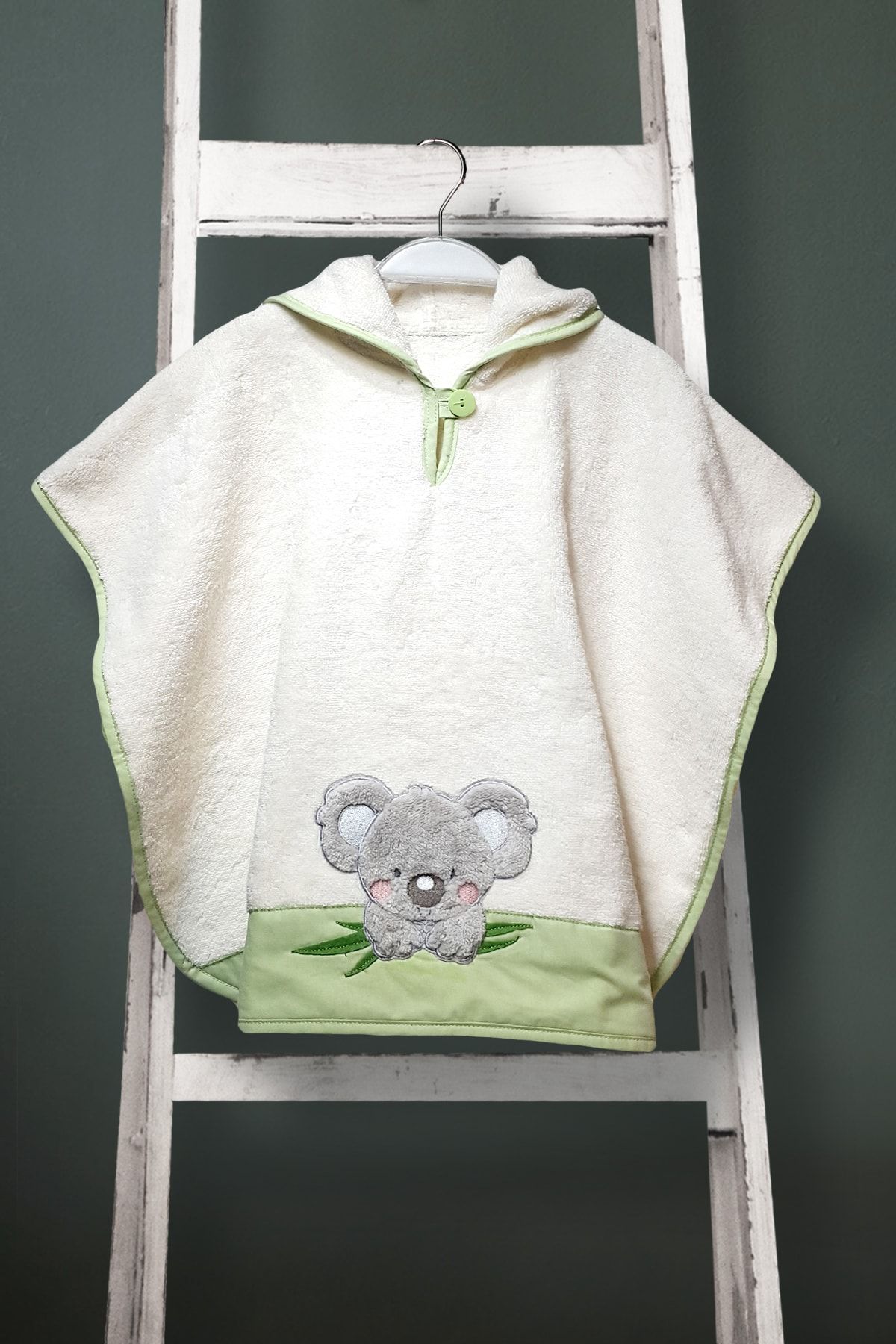 evim ve moda Çocuk Microcoton Havlu Panço Krem Koala- Yeşil Nakış