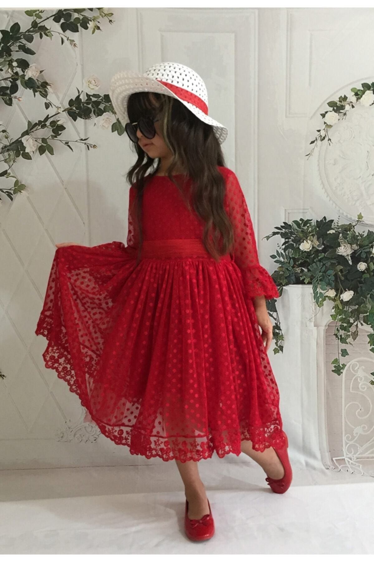 Mixie Kız Çoçuk Kırmızı Şapkalı Güpürlü Prenses Model Elbisesi
