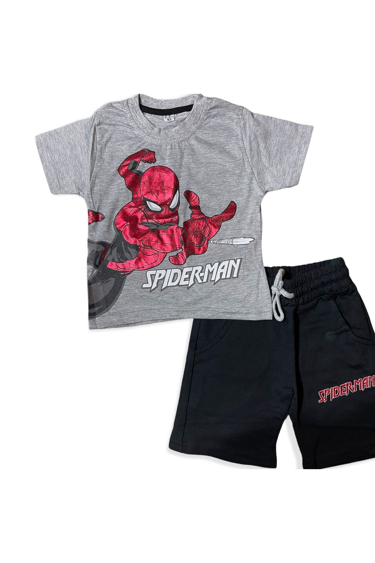 Lolliboomkids Erkek Çocuk Parlak Kırmızı Varak Baskılı Spiderman T-shirt Şort Takım Yeni Sezon Örümcek Adam