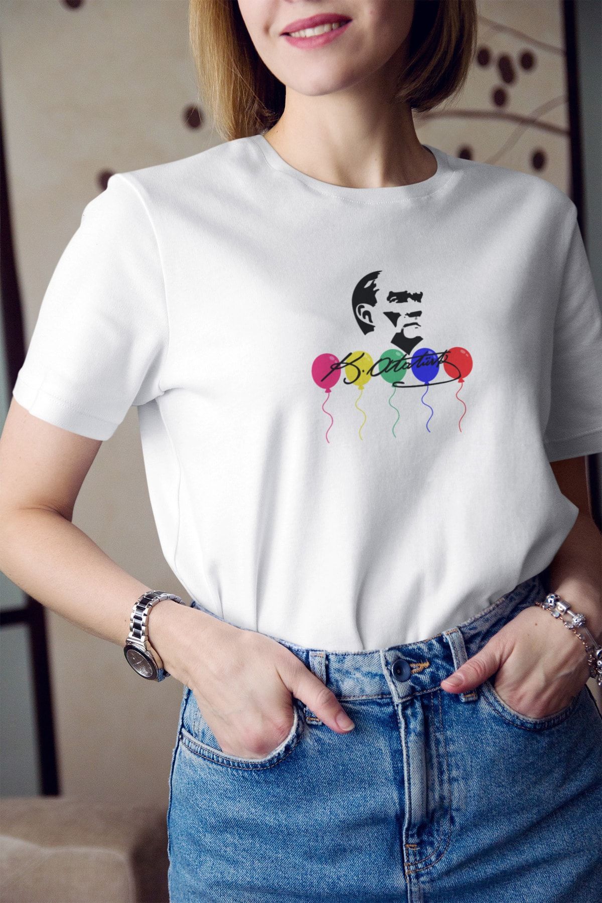 Kio Tasarım Kadın 23 Nisan Atatürk Silüeti ve Imza Baskılı Tişört %100 Pamuk