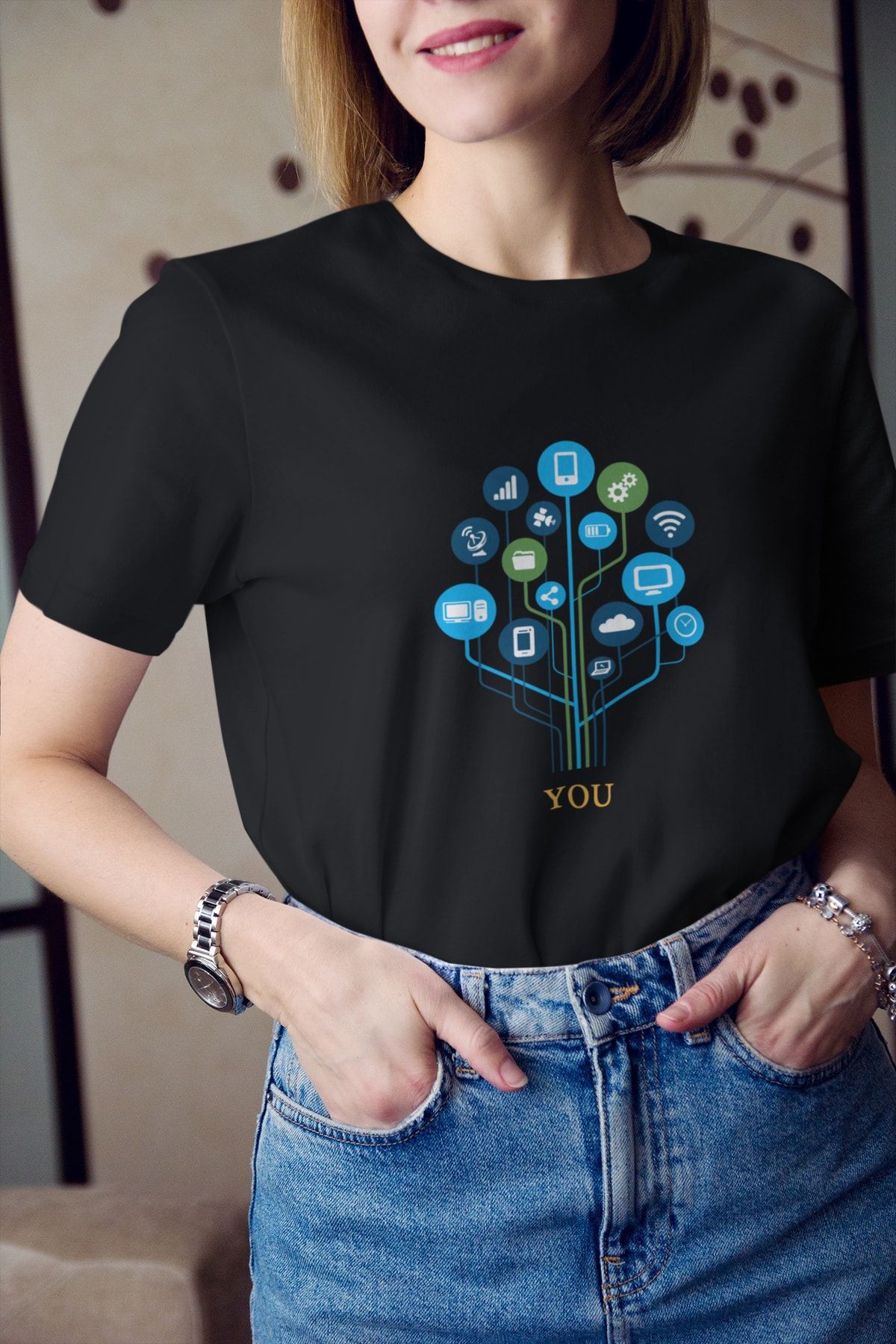Kio Tasarım Network Ağ Bağlantısı Herşey Sana Bağlanır Baskılı Tişört