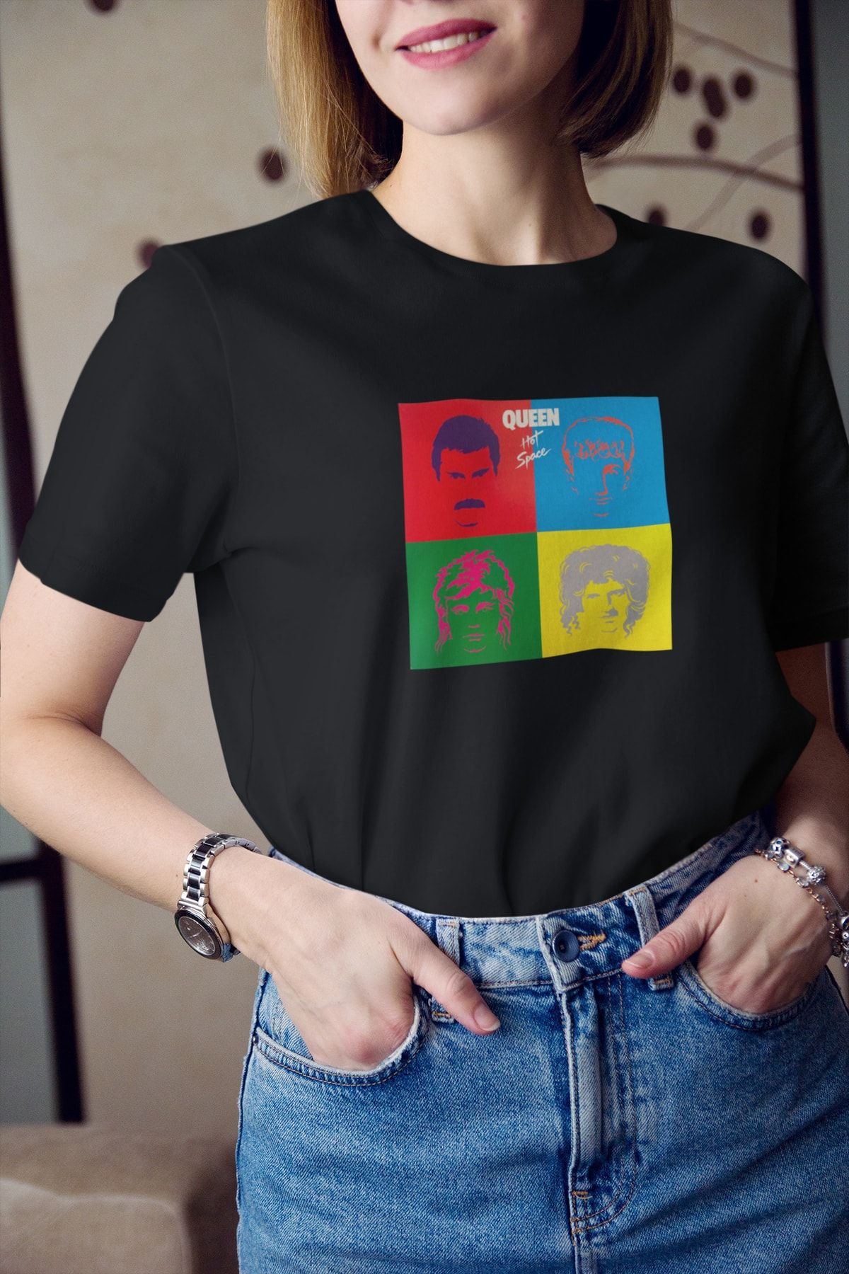 Kio Tasarım Kadın Siyah Queen Rock Müzik Grubu Freddie Mercury Baskılı T-Shirt