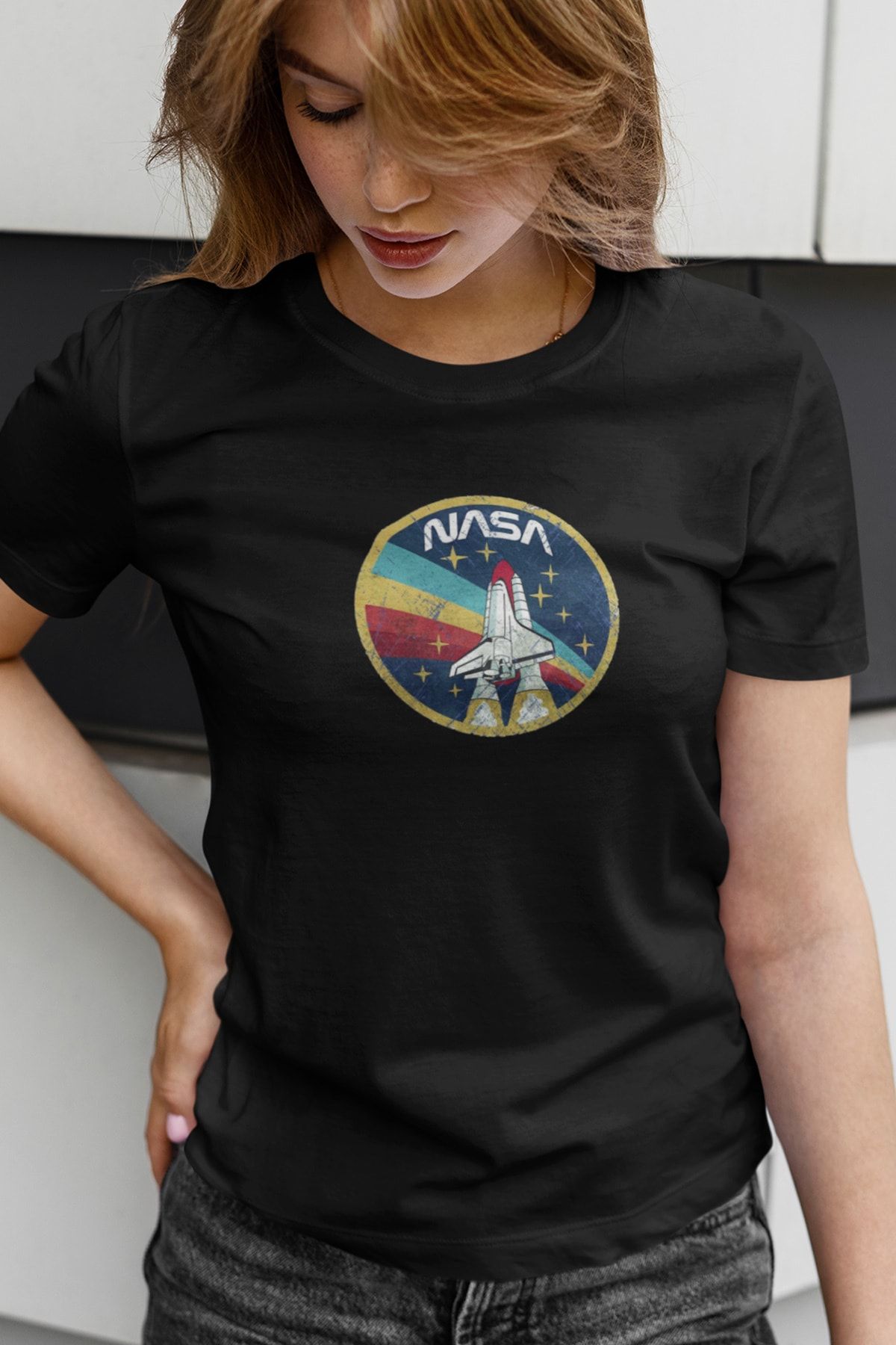 Kio Tasarım Tişört Vintage Uzay Mekiği Baskılı Kadın Siyah Pamuklu T-shirt