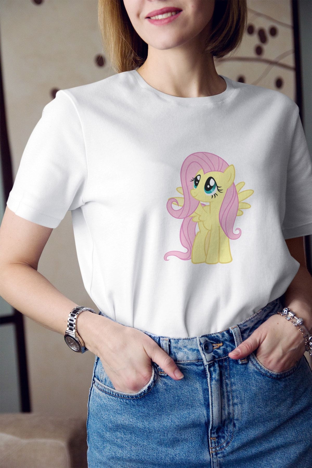 Kio Tasarım My Little Pony Fluttershy Baskılı Tişört Kadın