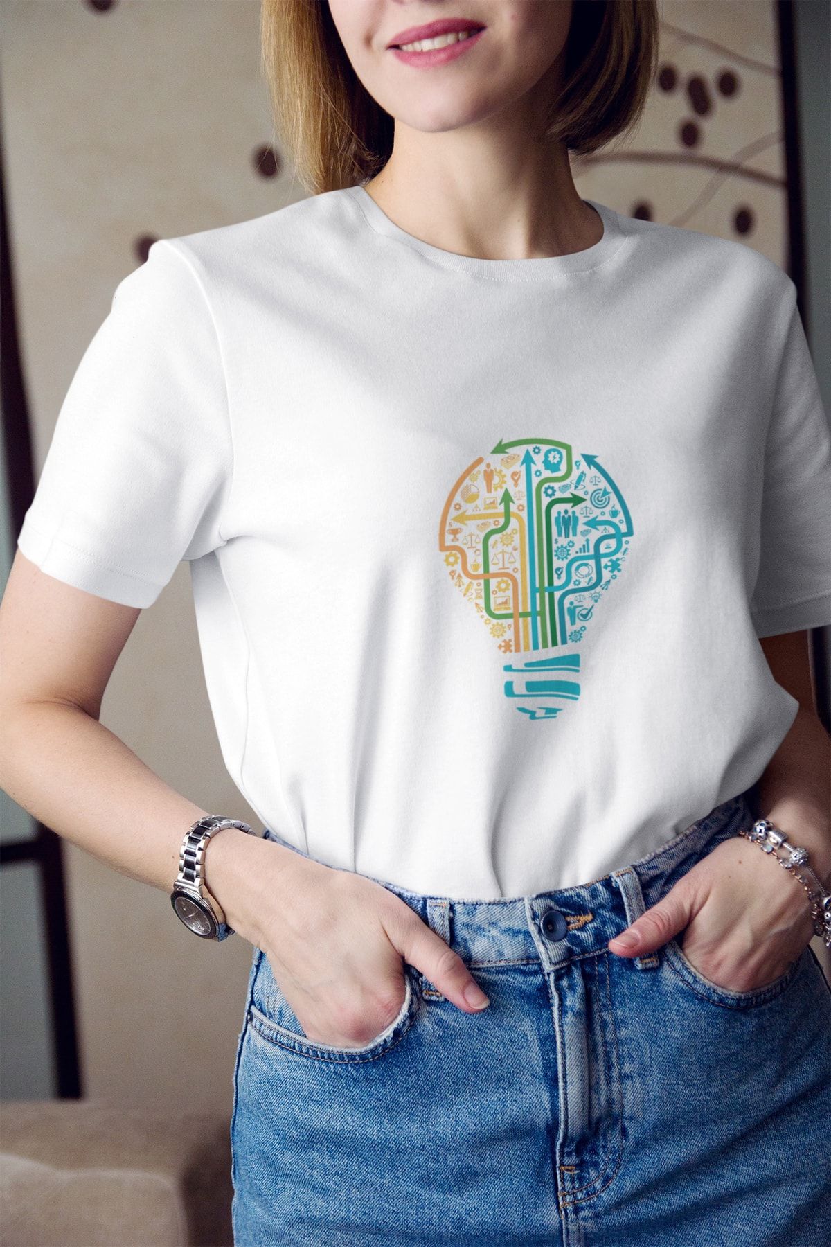 Kio Tasarım Kadın Beyaz Ampül Şekilli Network Ağ Bağlantısı Baskılı Tişört