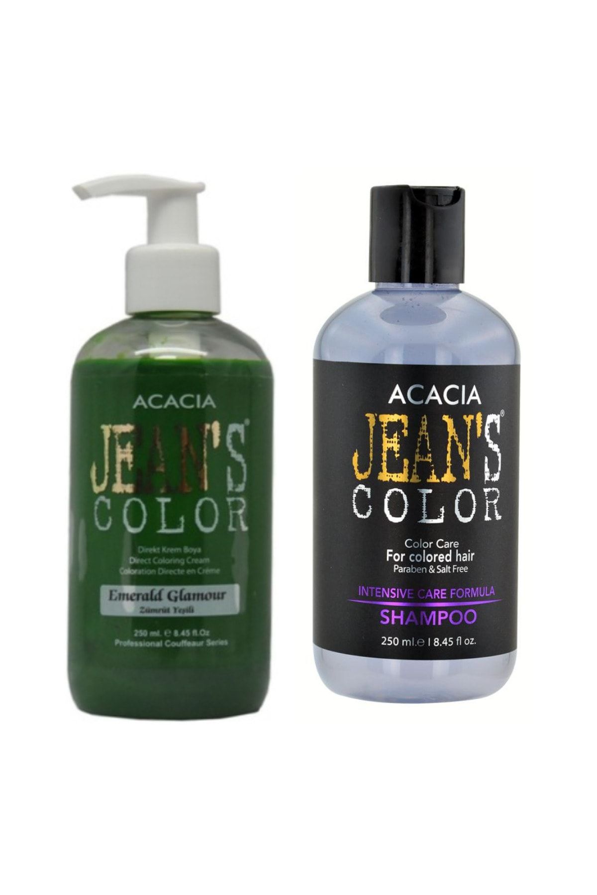 Acacia Jeans Color Boya Koruyucu Şampuan 250 Ml Ve Renkli Saç Boyası Zümrüt Yeşili 250 Ml