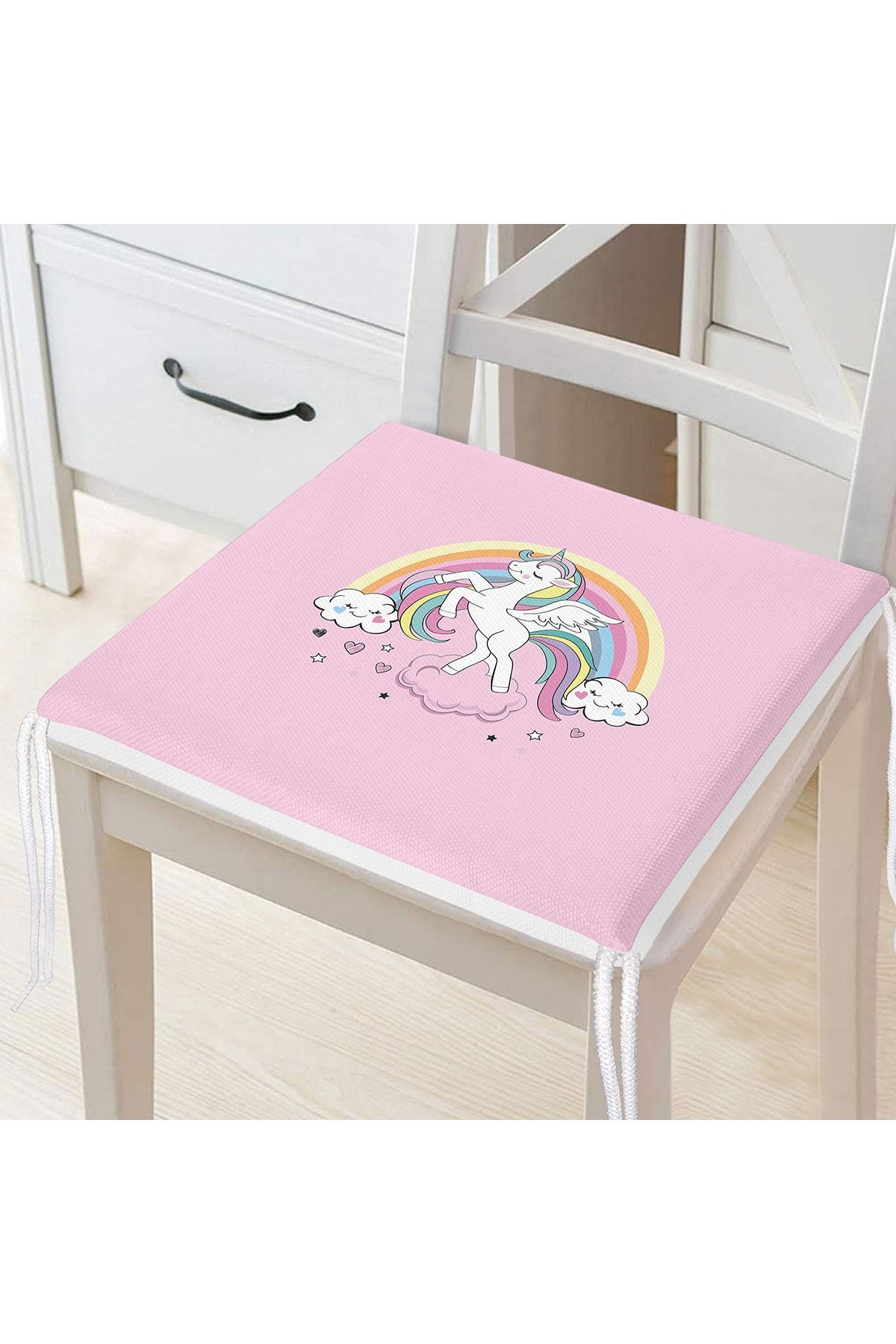 Realhomes Pembe Zeminde Unicorn Desenli Özel Tasarımlı Dijital Baskılı Modern Fermuarlı Sandalye Minderi