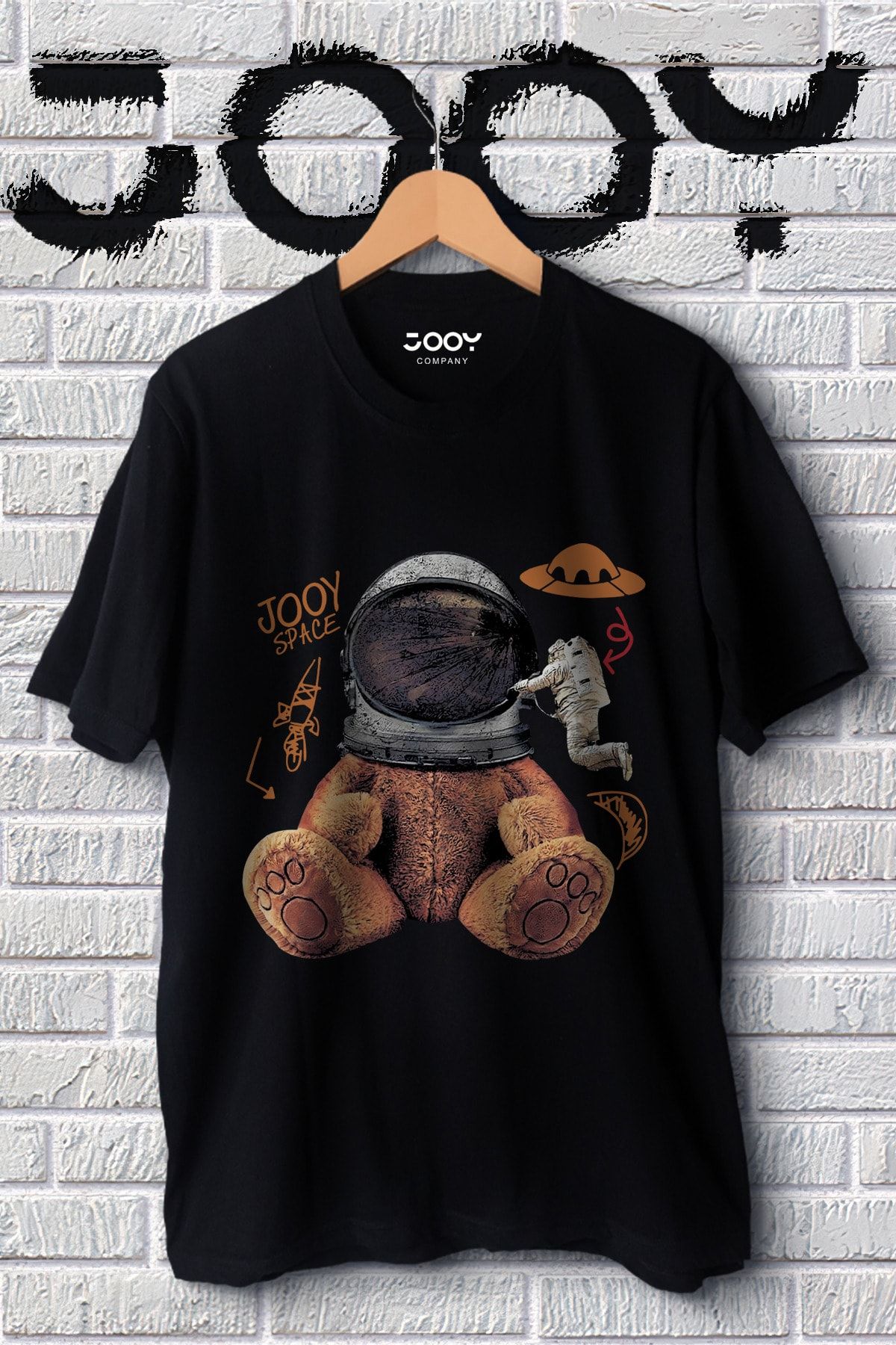 Jooy Company Unisex Siyah Astronot Ayıcık Oversize Tshirt