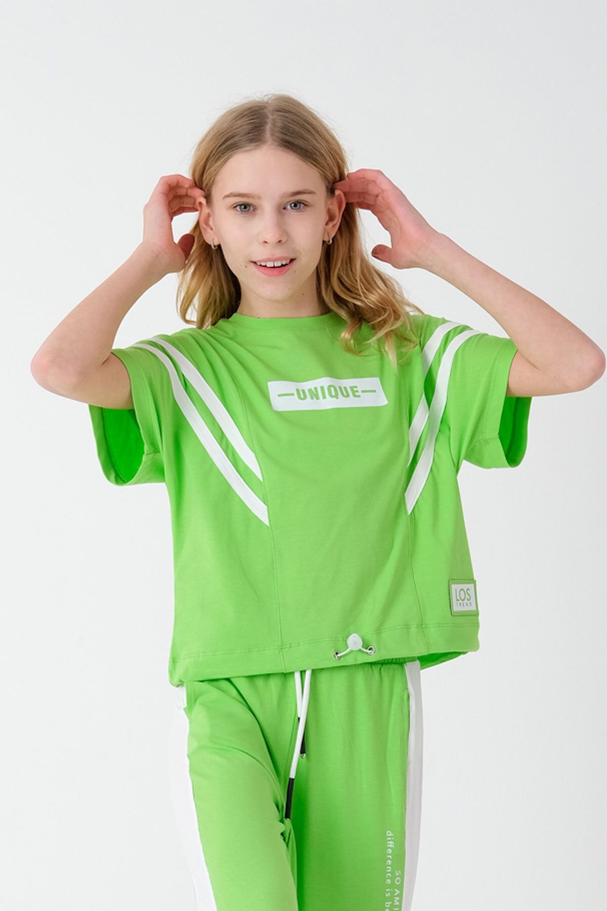 Enisena Yeşil Kız Çocuk Beli Ayarlanabilir Garnili T-shirt Hn10