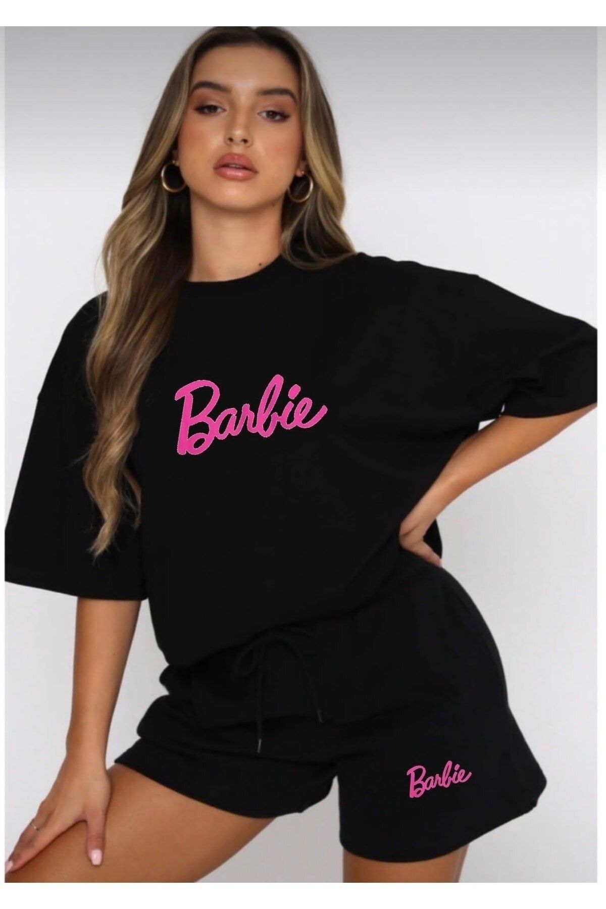NİCE Barbie Baskı Siyah Şort T-shirt Takım