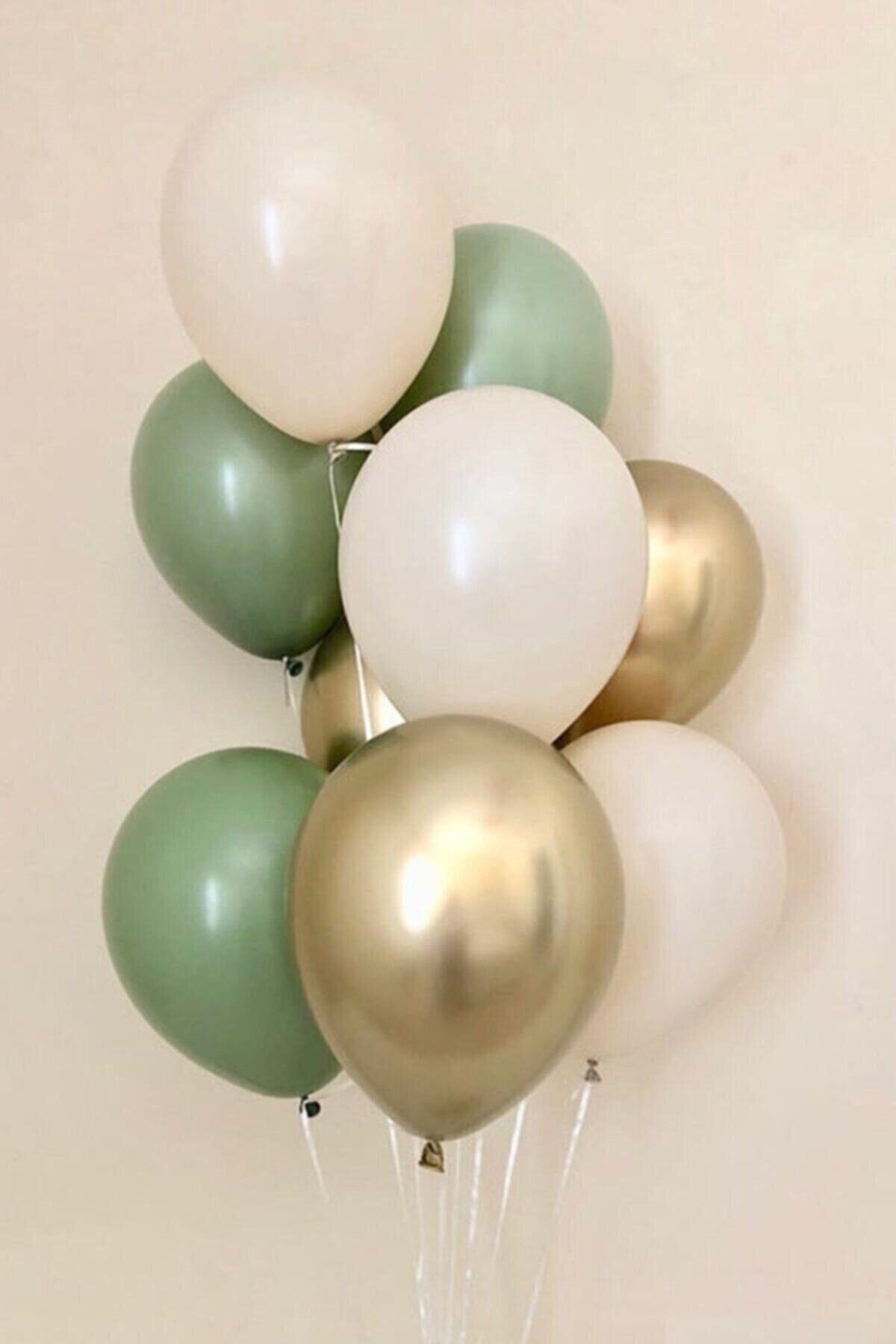 TATLI GÜNLER 9 Adet Krom Gold Küf Yeşili Ve Pastel Beyaz Renk Balon