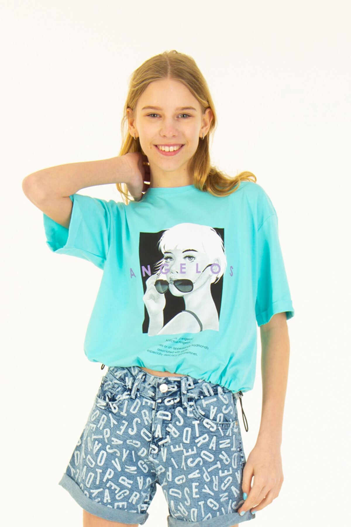 Enisena Turkuaz Kız Çocuk Dijital Baskılı Beli Ayarlanabilir T-shirt H01