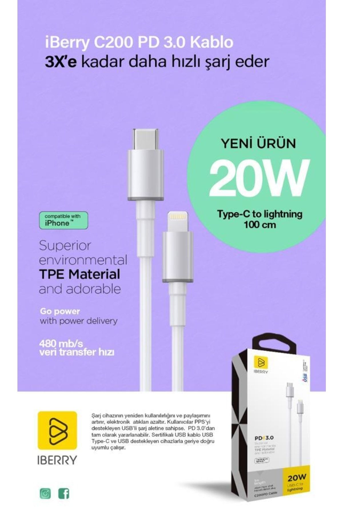 İBERRY 20w Pd 3.0 Mah Type-c To Lightning Şarj Kablosu
