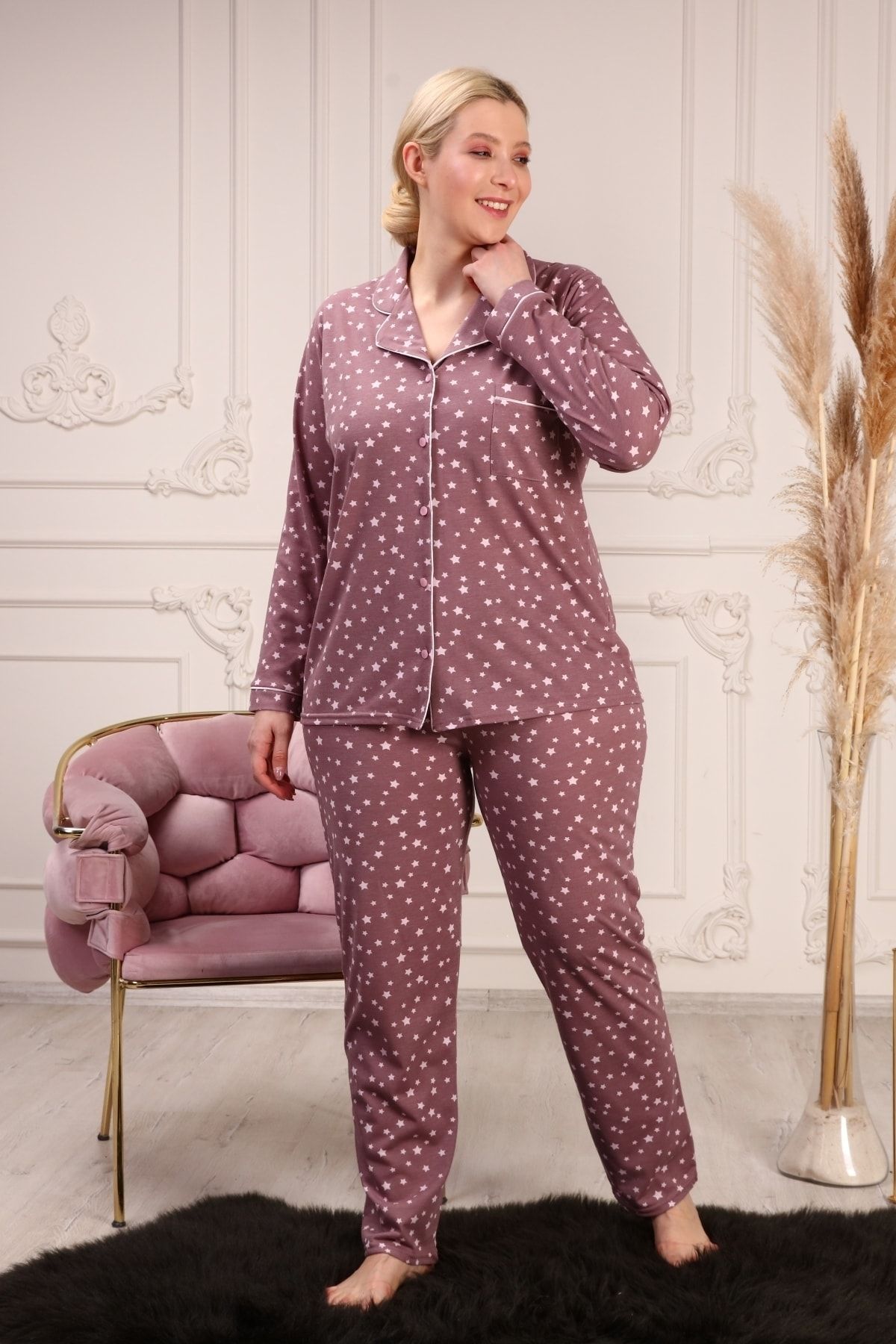 LİKAPA Büyük Beden Pamuklu Çiçekli Uzun Kollu Önden Dügmeli Pijama Takım