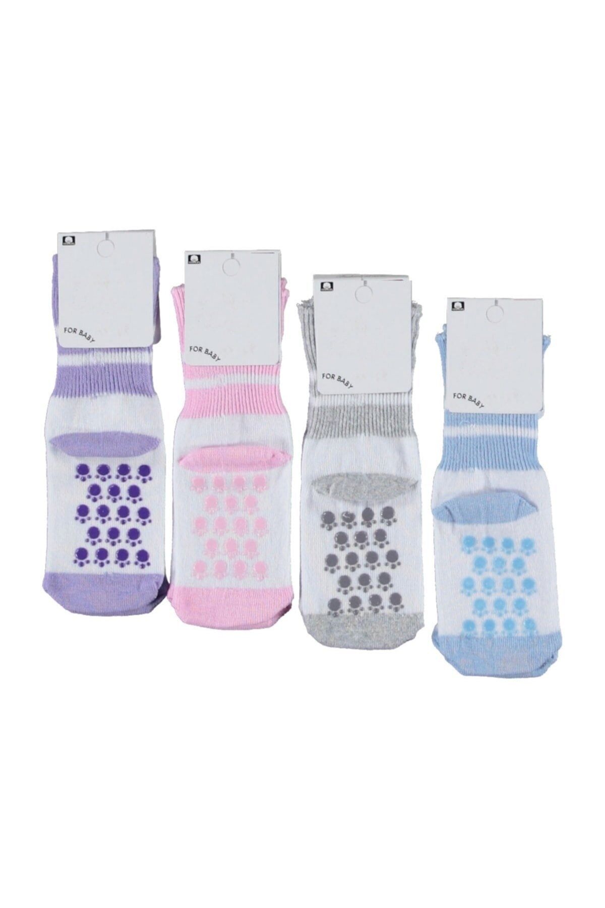 bella socks Bebek Beyaz Yazlık Kaydırmaz Tabanlı Soket Çorap 4'lü