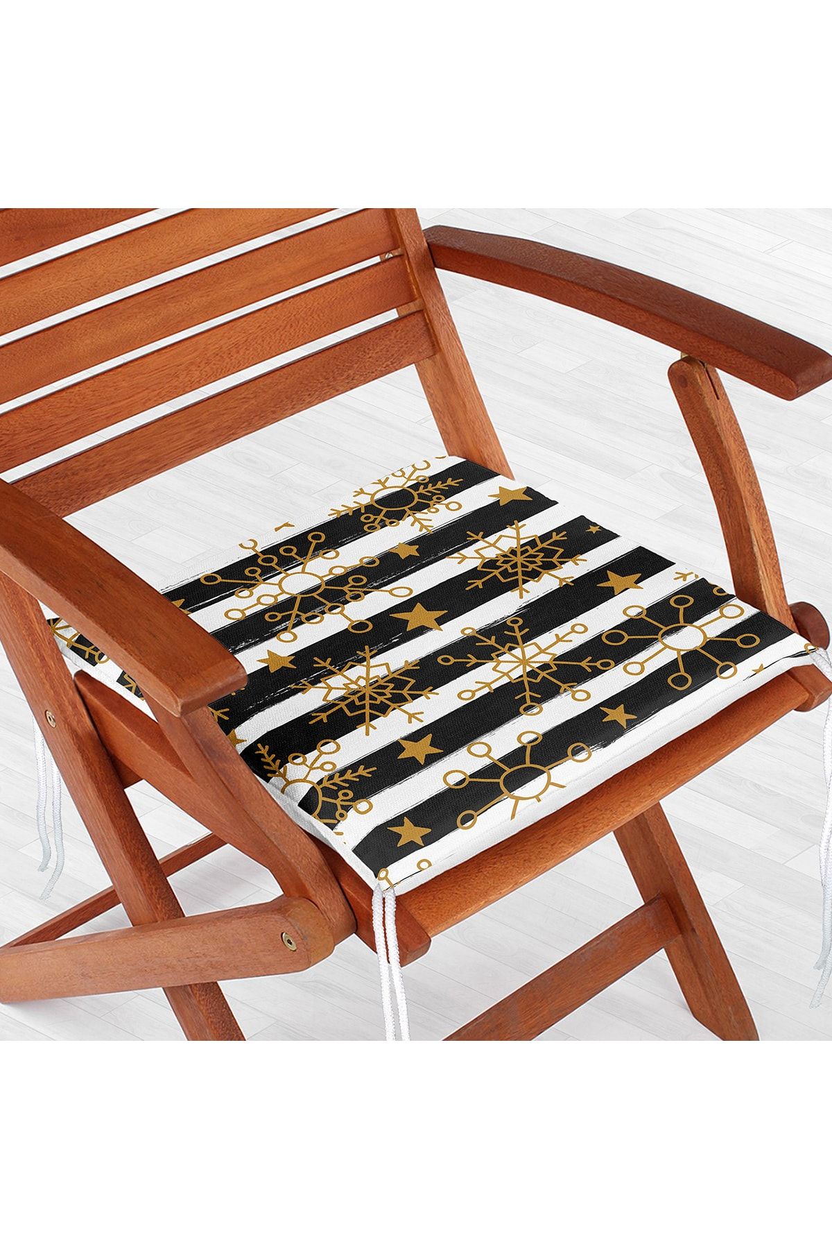 Realhomes Beyaz Zeminde Siyah Dekoratif Çizgili Gold Desenli Kar Tanesi Modern Fermuarlı Sandalye Minderi