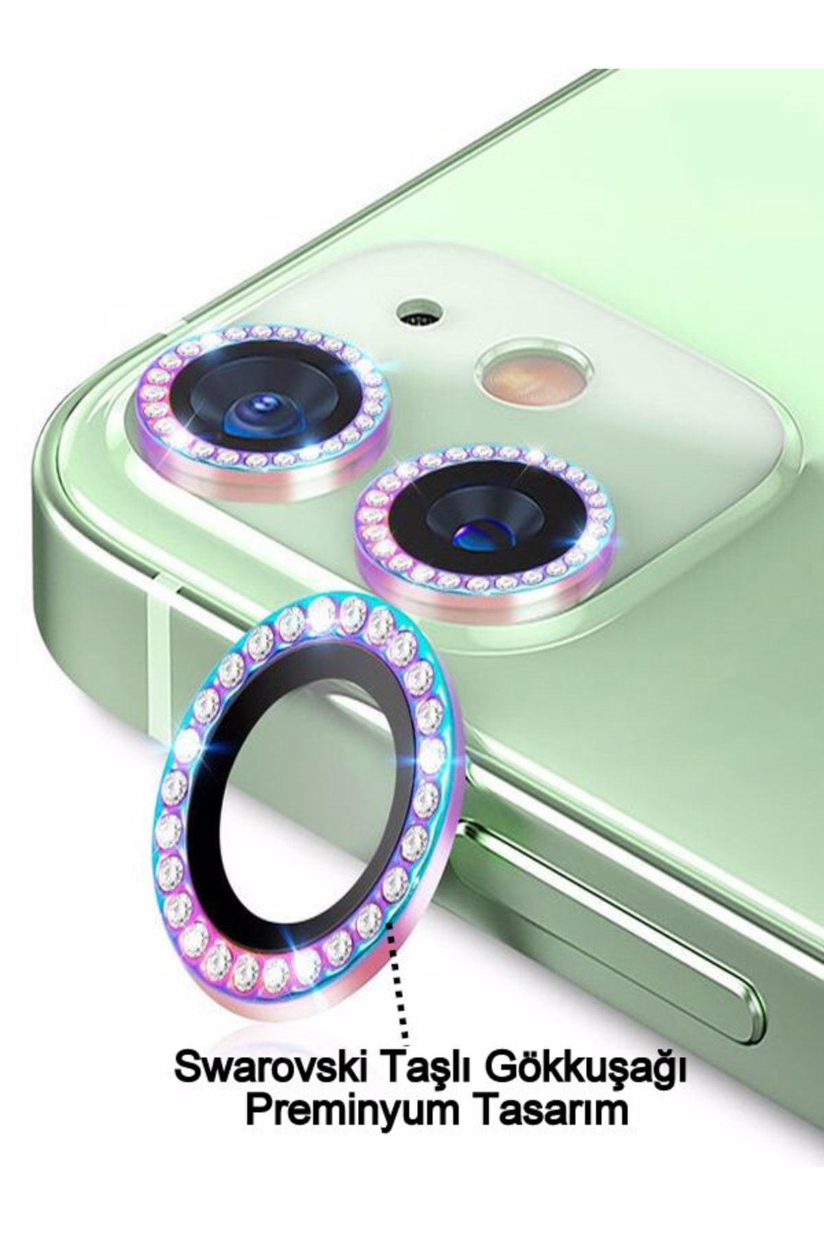 HyperAge Iphone 11 / Iphone 12/12 Mini Uyumlu Diamond Seri Kristal Taşlı Çelik Renkli Lens Koruma, [2'li Set]