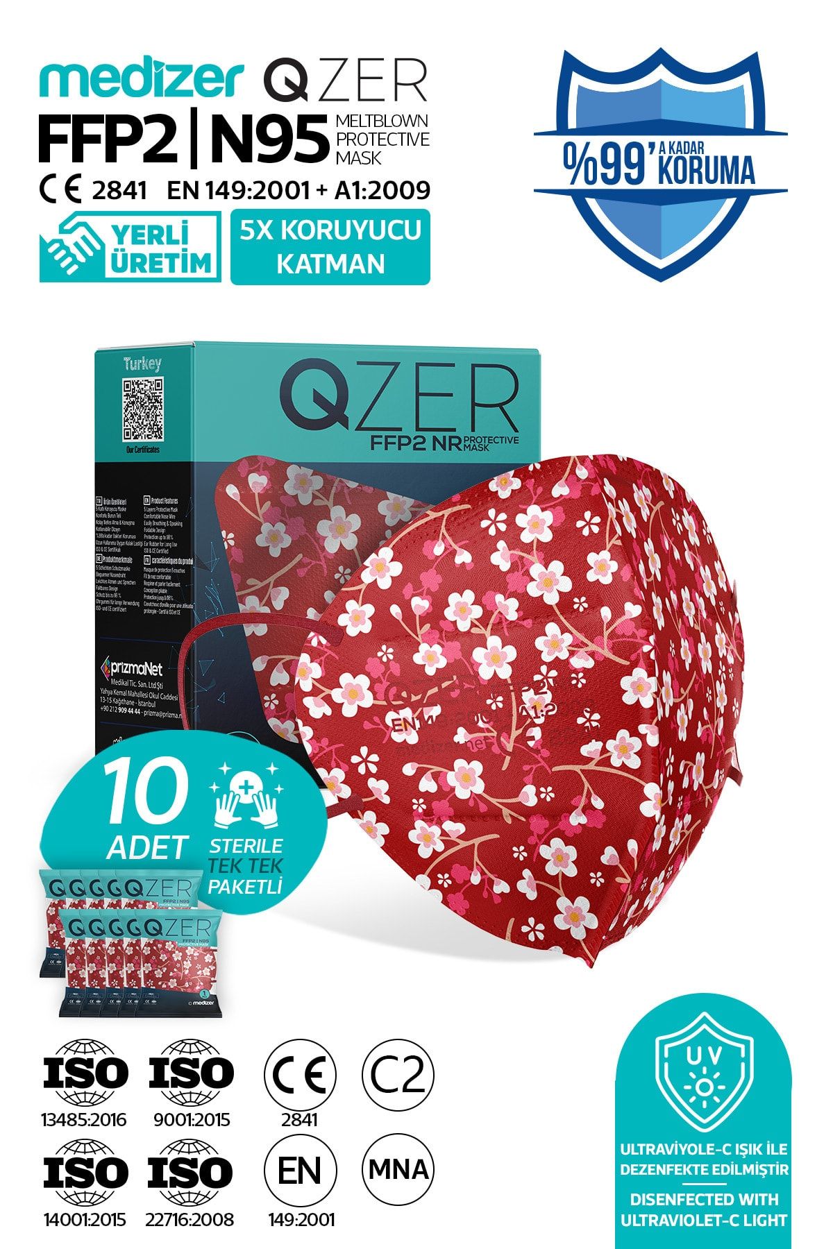 Medizer Qzer 10 Adet Kırmızı Çiçek Desenli Ffp2 Maske 5 Katmanlı