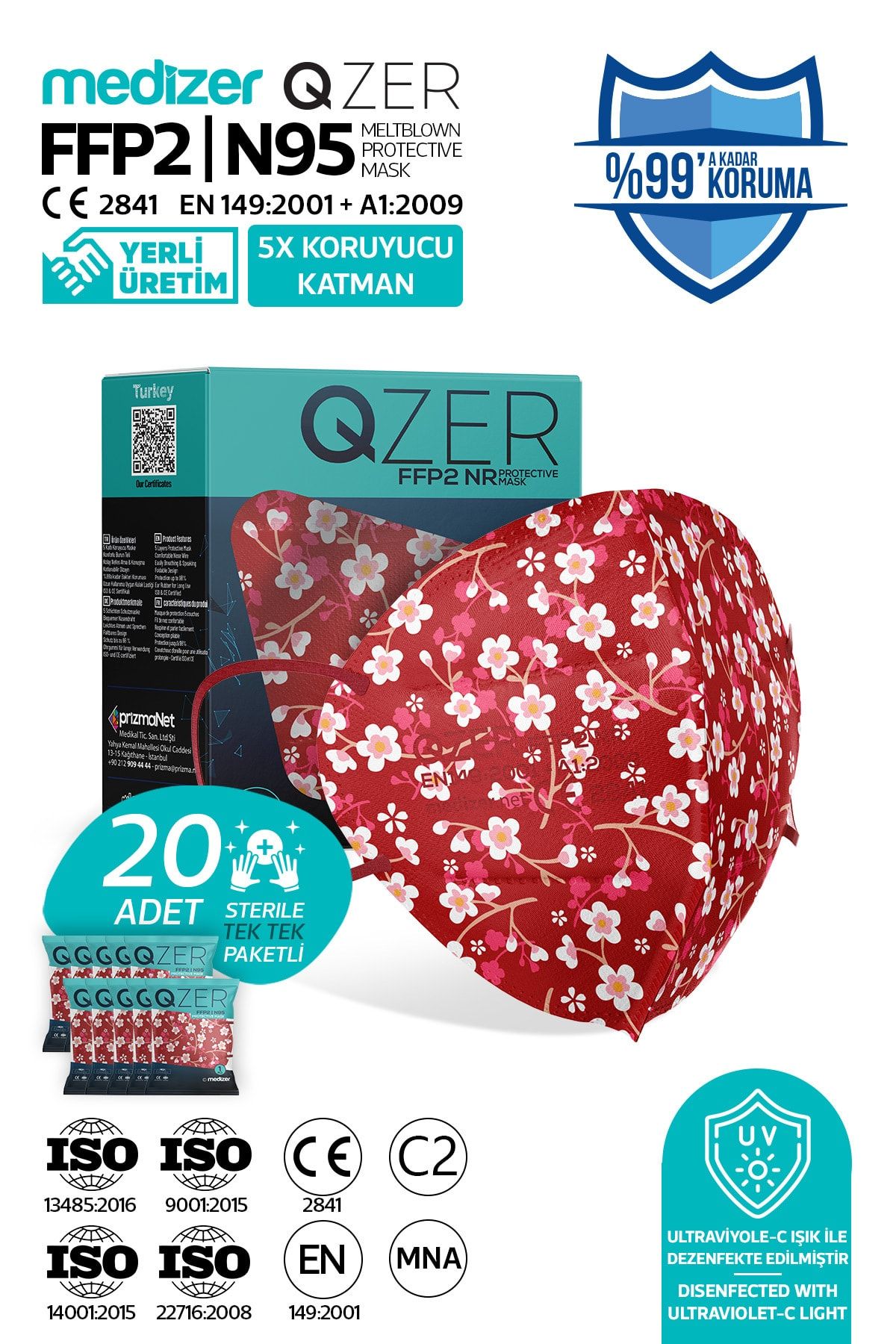 Medizer Qzer 20 Adet Kırmızı Çiçek Desenli N95 Maske 5 Katmanlı