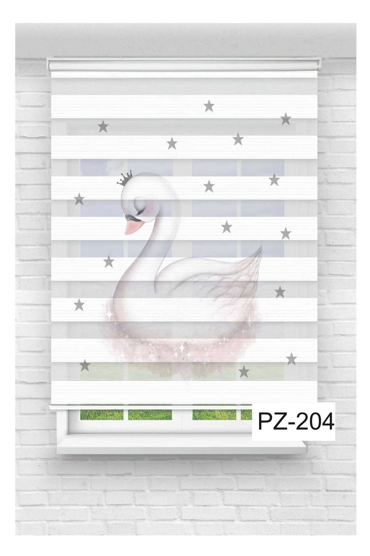 Grande Gri Yıldız Beyaz Kuğu Kız Bebek Çocuk Odası Pz-204 Dijital Baskı Zebra Perde