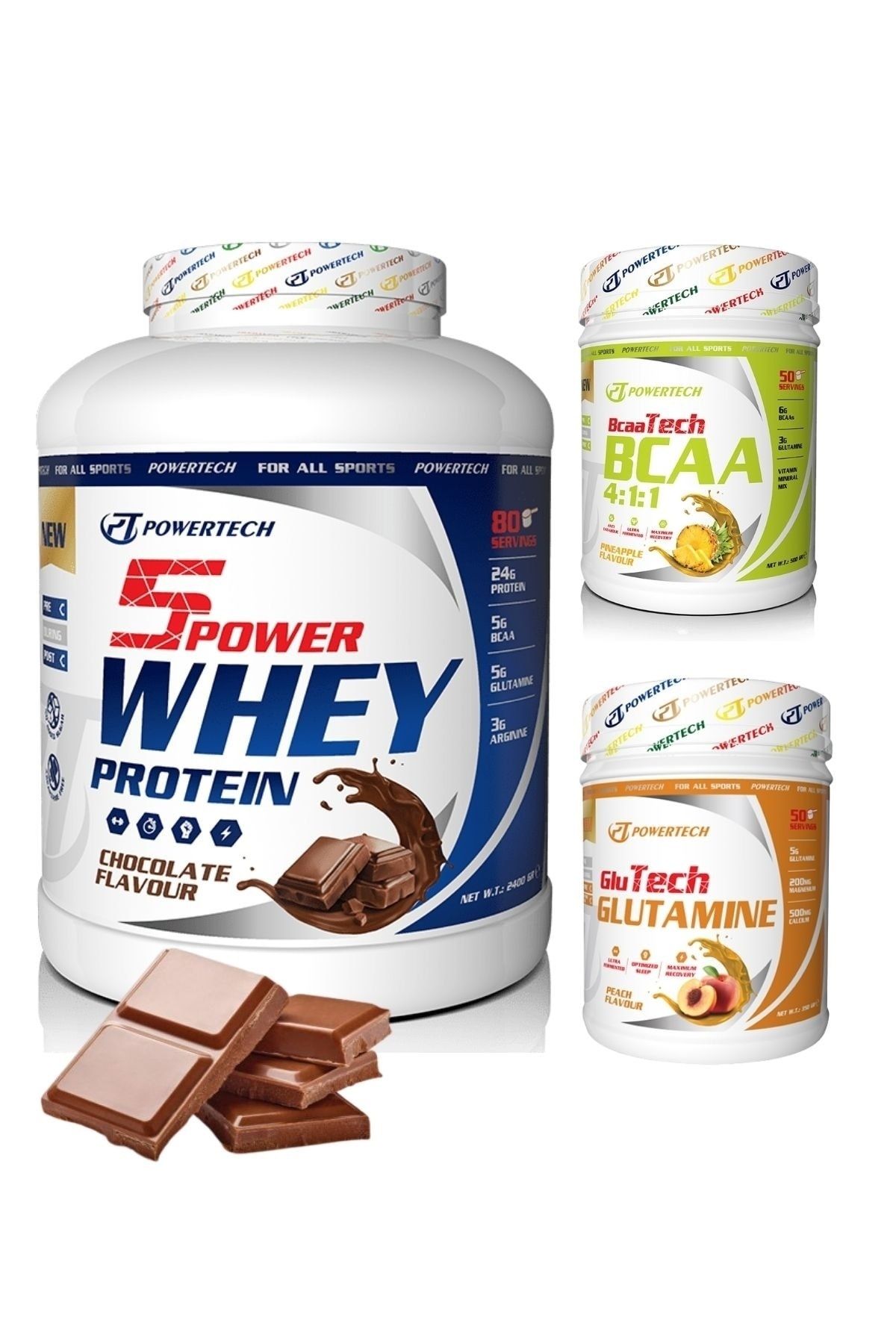 POWERTECH 5 Power Whey Protein Tozu 80 Servis Çikolata Bcaa 50 Servis Glutamine 50 Servis