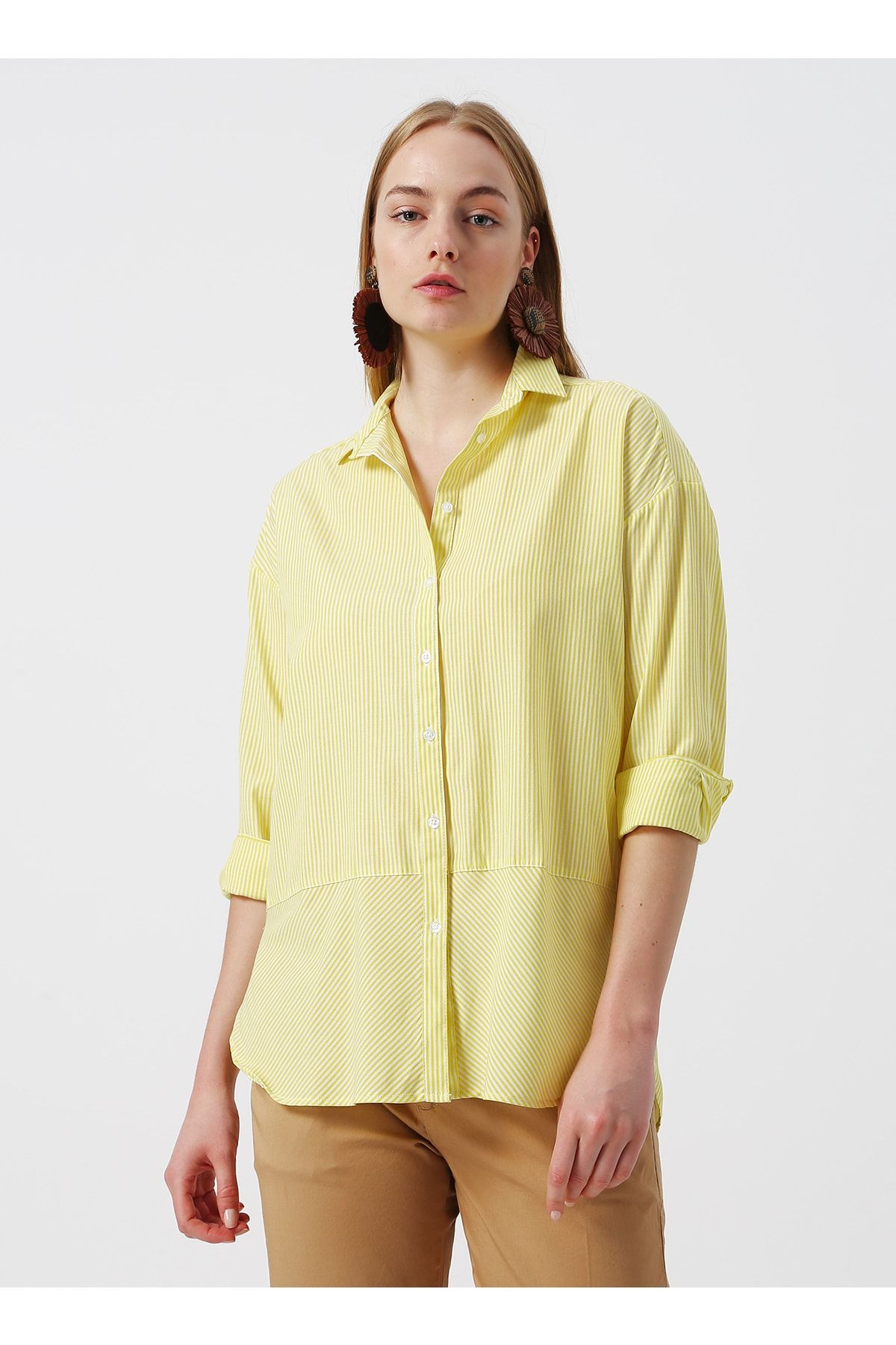 LİMON COMPANY Limon Jesper Gömlek Yaka Çizgi Desenli Geniş Fit Sarı Kadın Tunik