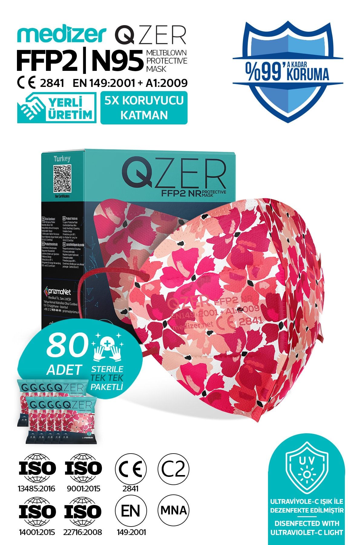 Medizer Qzer 80 Adet Kiraz Çiçeği Desenli N95 Maske 5 Katmanlı
