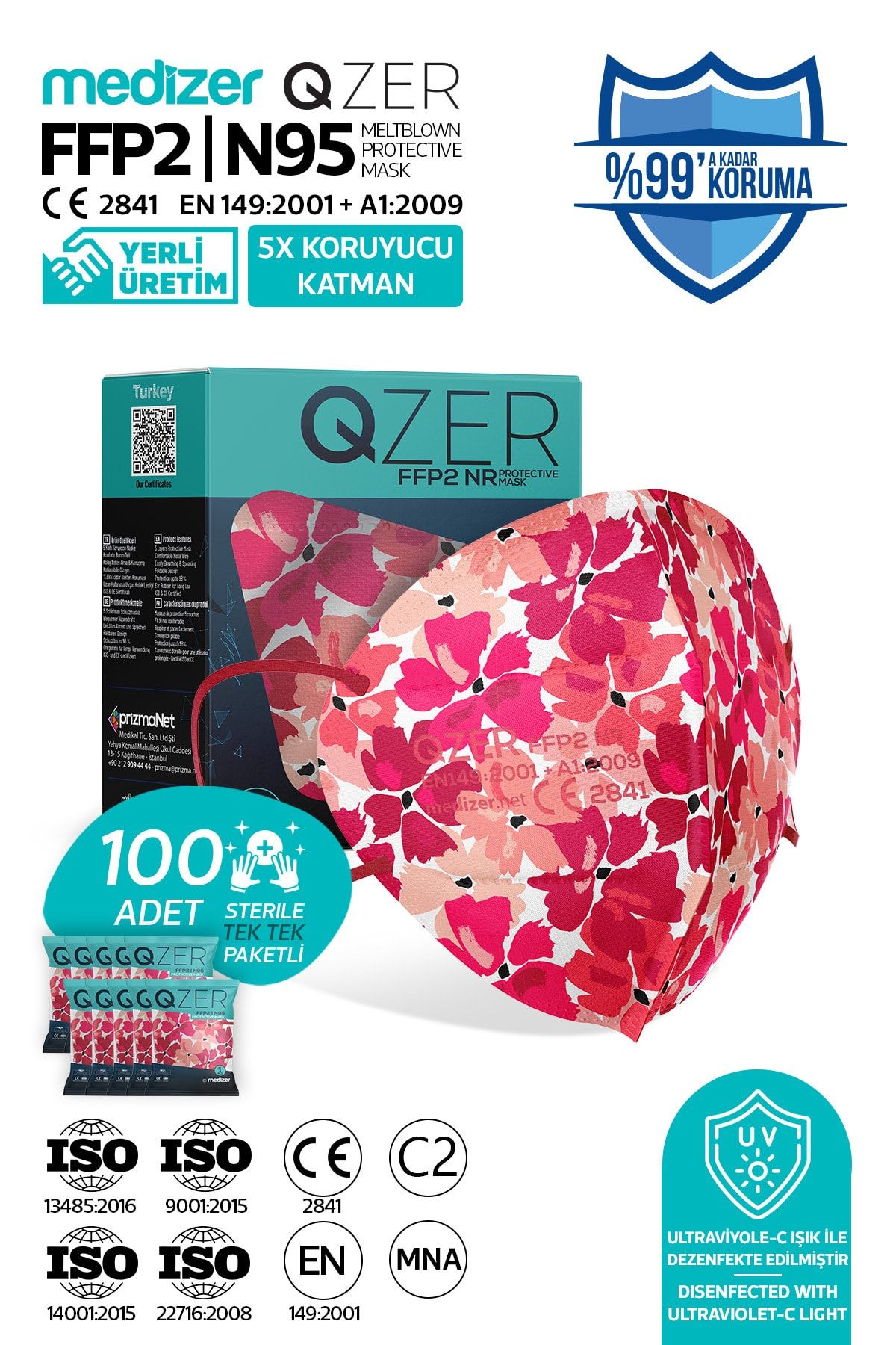 Medizer Qzer 100 Adet Kiraz Çiçeği Desenli N95 Maske 5 Katmanlı