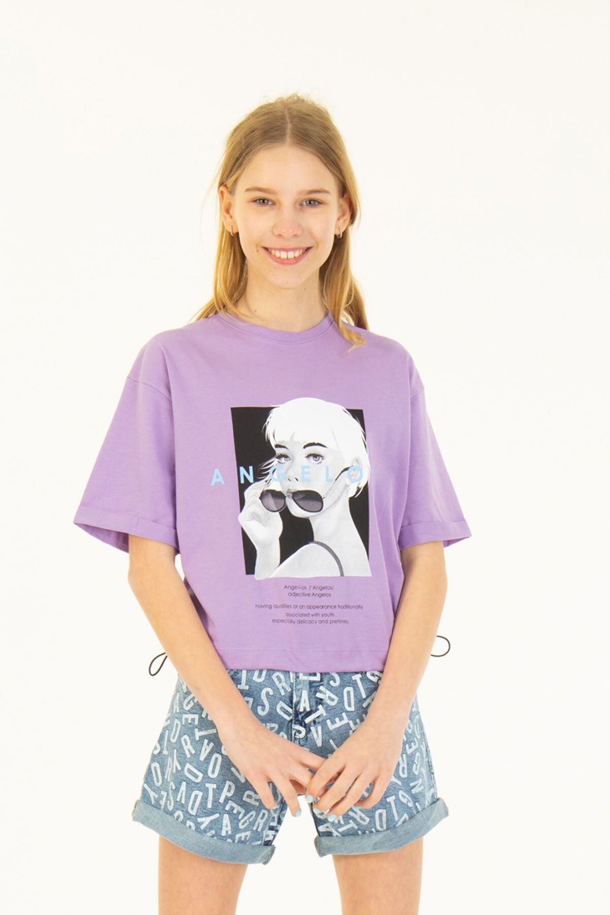 Enisena Mor Kız Çocuk Dijital Baskılı Beli Ayarlanabilir T-shirt H01