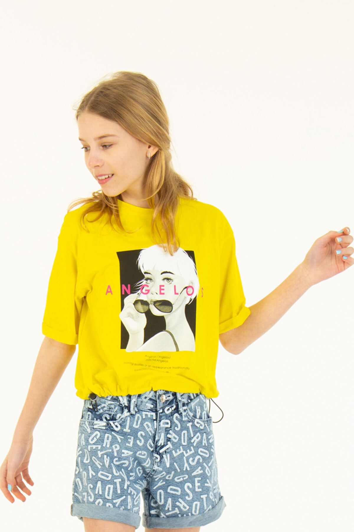 Enisena Sarı Kız Çocuk Dijital Baskılı Beli Ayarlanabilir T-shirt H01