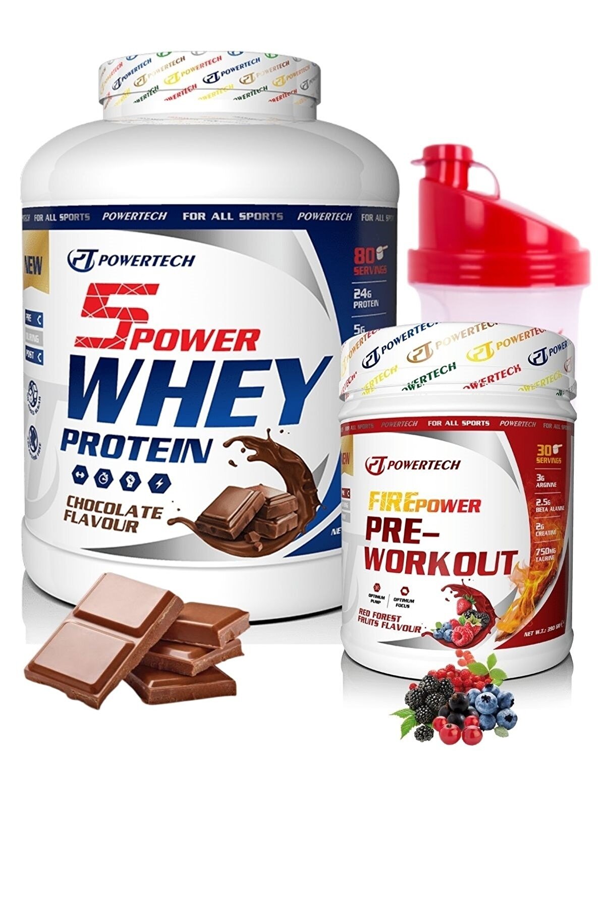 POWERTECH 5power Whey Protein Tozu 80 Servis Çikolata - Firepower Pre-workout 390 Gr
