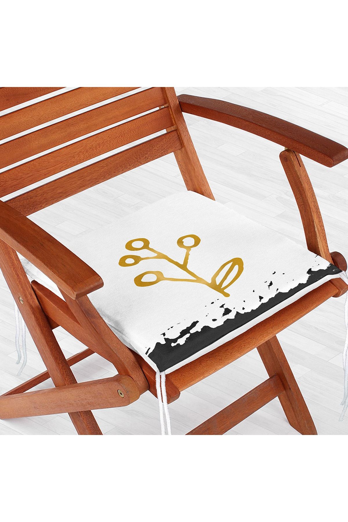 Realhomes Beyaz Zeminde Gold Renkli Onedraw Çizimli Çiçek Desenli Dijital Baskılı Fermuarlı Sandalye Minderi