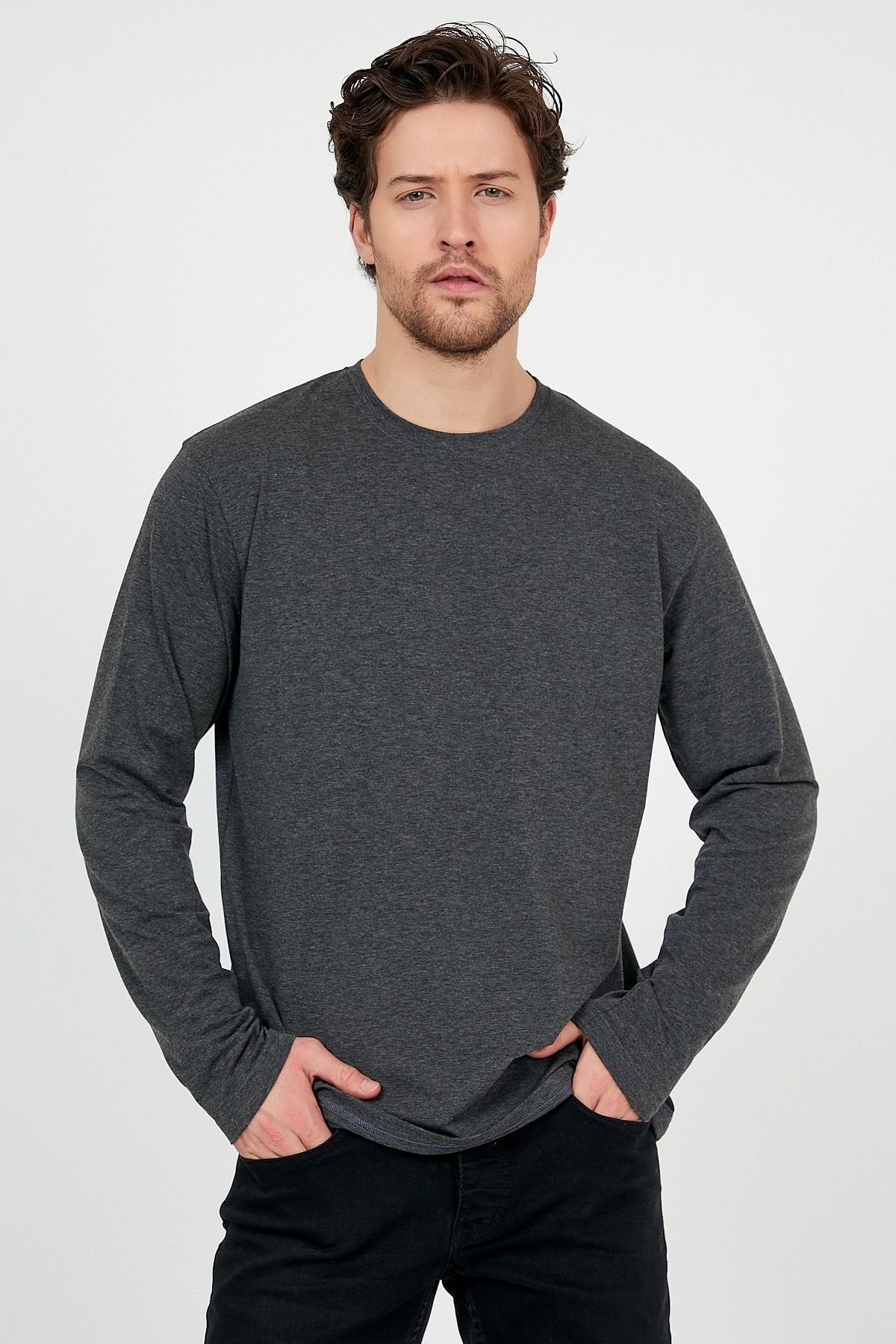Jim Poweel Erkek Antrasit Uzun Kollu Likralı Basic T-shirt