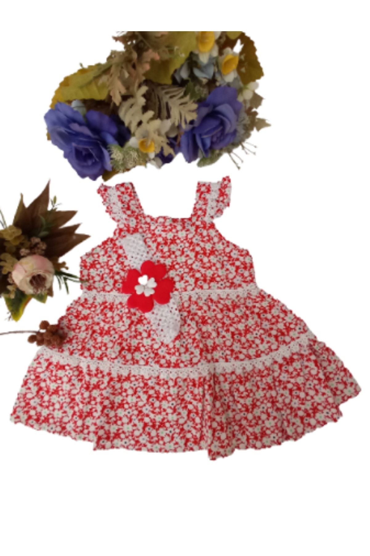 Dandini Kız Bebek Kırmızı Çiçekli Bandalı Elbise