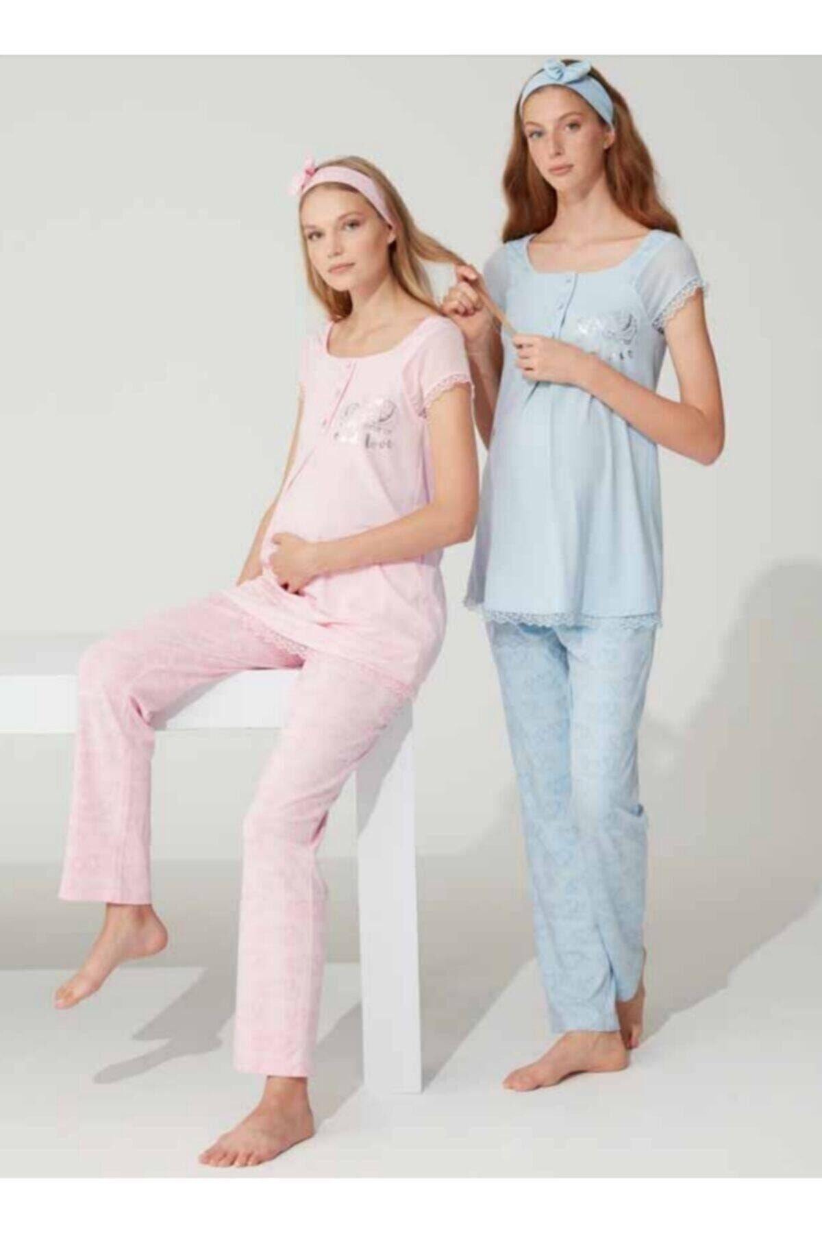 Feyza Pijama Kadın Mavi Hamile Lohusa Pijama Takımı