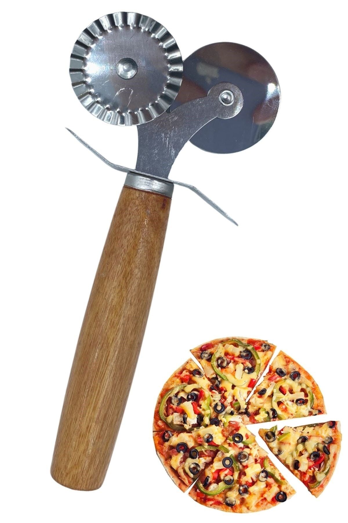 Buffer Ahşap Saplı 2li Hamur Kesme Ruleti Düz Ve Dalgalı Pizza Börek Kesici Aparatı