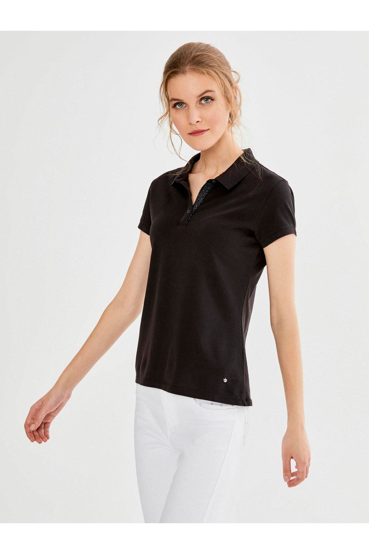 Xint Kadın Siyah Polo Yaka Pamuklu Basic Tişört
