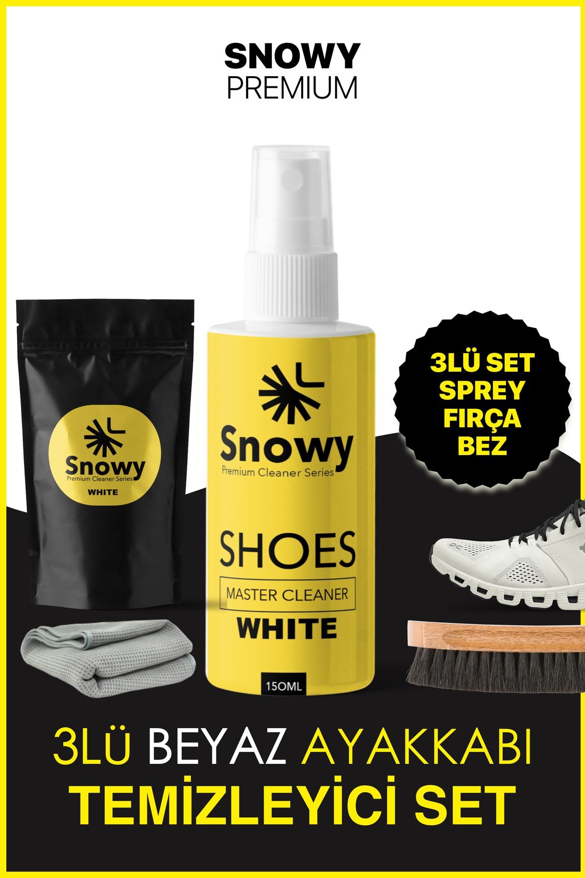 Snowy Genel Spor Ayakkabı Sarı Lekeleri Beyazlatıcı Ve Genel Temizlik Bakım 3 Lü Set Fırça + Bez 150ml Jel