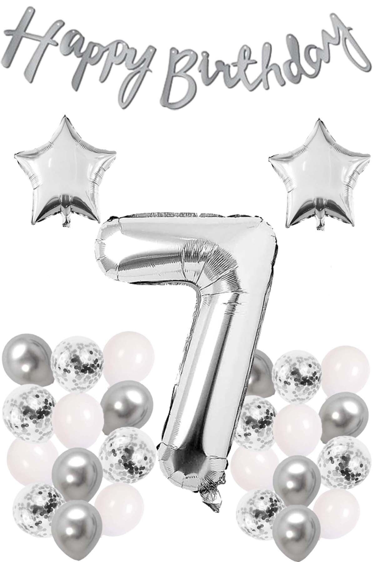 Patladı Gitti Gümüş Konsept 7 Yaş Doğum Günü Kutlama Seti Beyaz Gümüş Konfetili Balon Rakam Yıldız Folyo Ve Banner